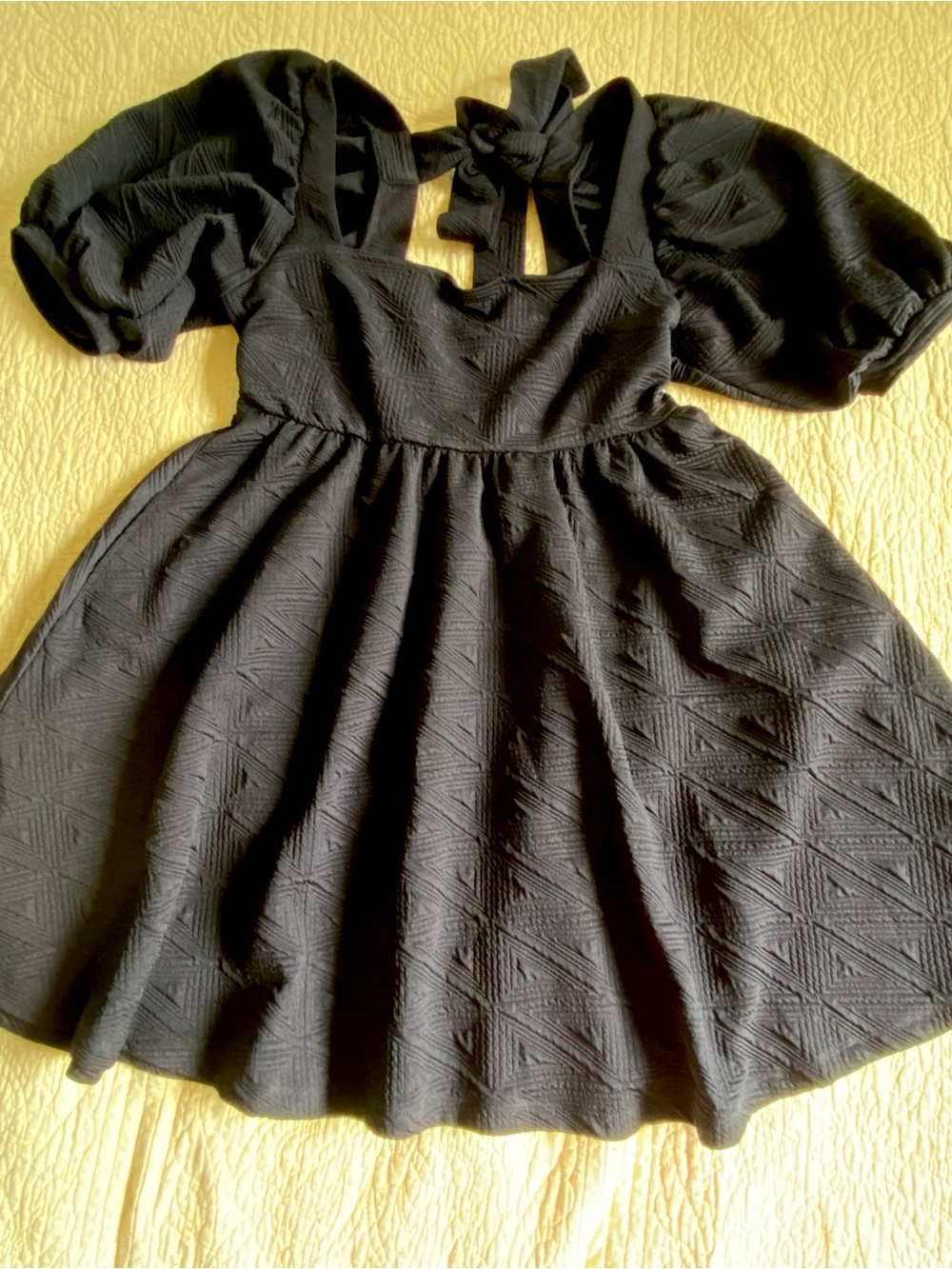 Free People Violet Mini Dress Black Textured Fit & Flare Dress with Puff Sleeves - Picture 2 of 6